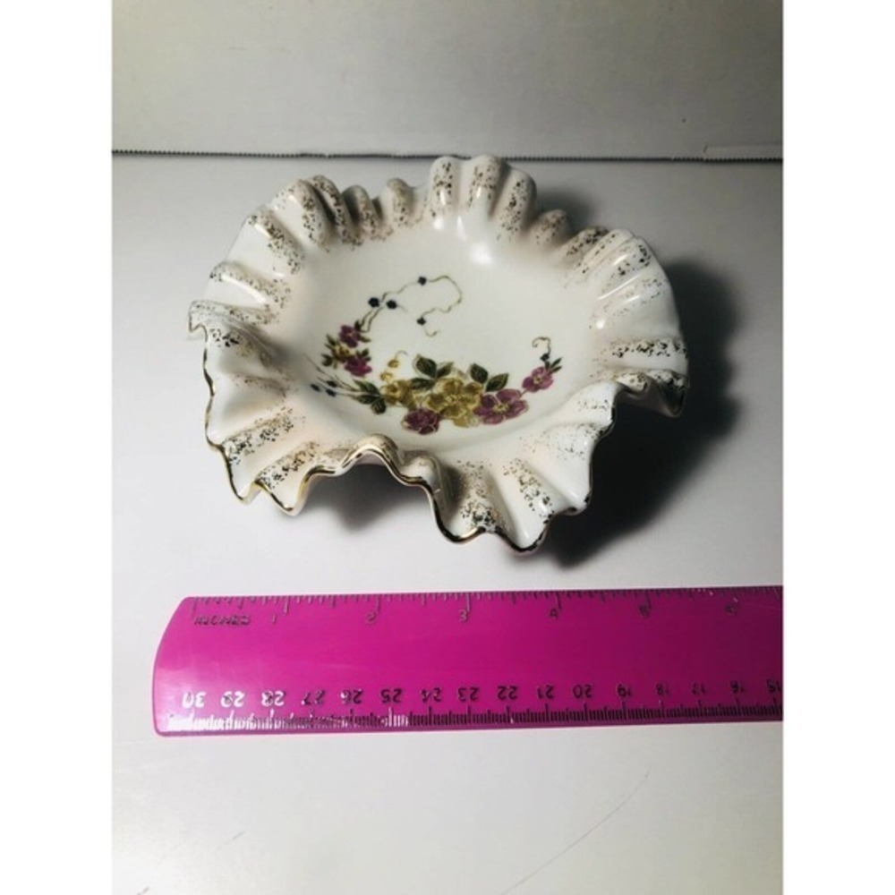 Vintage Candy Dish By Bond Ware L&M - Gold Trimmed Floral Ruffled Dish - Picture 8 of 10
